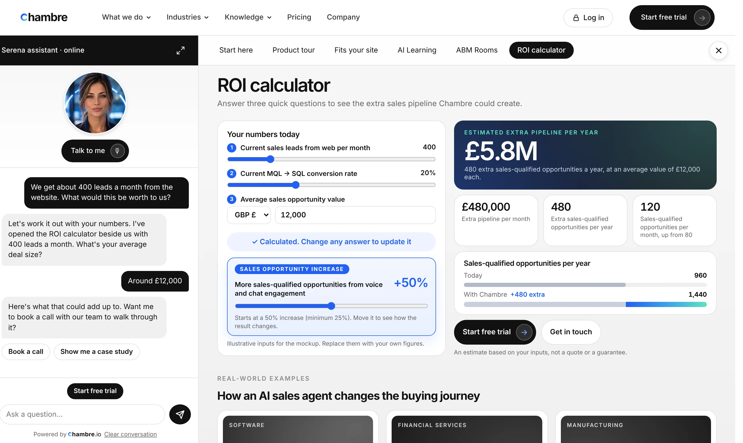 The digital sales room filling the website: the conversation on the left, an ROI calculator with the visitor's numbers on the right